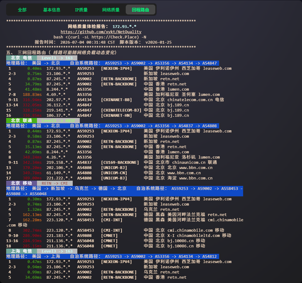 GreenCloud SG DC2 回程路由